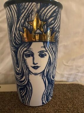 Starbucks Siren 2016 Anniversary Ceramic Tumbler, Navy Artwork, Gold Trim w Lid